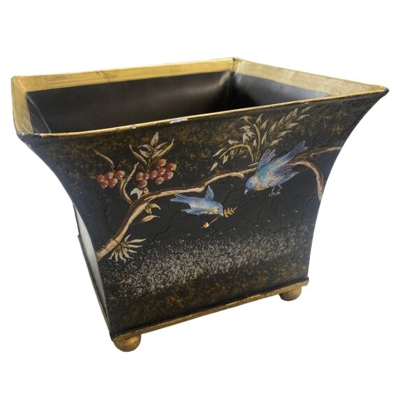 Vintage Hand-Painted Metal Planter With Bird & Floral Design Gold Accents Square - Picture 1 of 6
